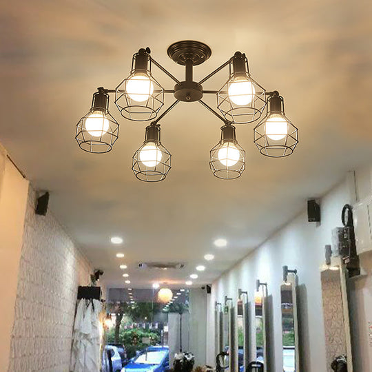 Retro Style Black Metal Semi Flush Pendant Light With Global Cage Shade For Living Room - 6/8 Lights