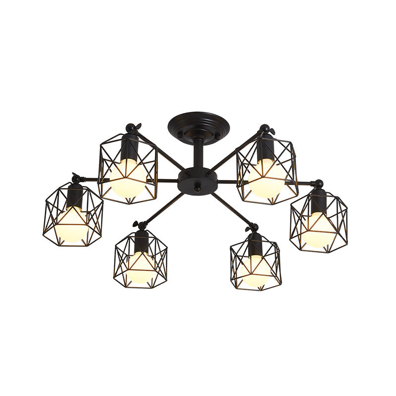 Retro Style Black Metal Semi Flush Pendant Light with Global Cage Shade for Living Room - 6/8 Lights Spider Semi Flush Light