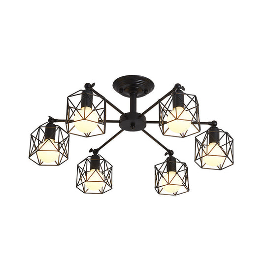 Retro Style Black Metal Semi Flush Pendant Light With Global Cage Shade For Living Room - 6/8 Lights