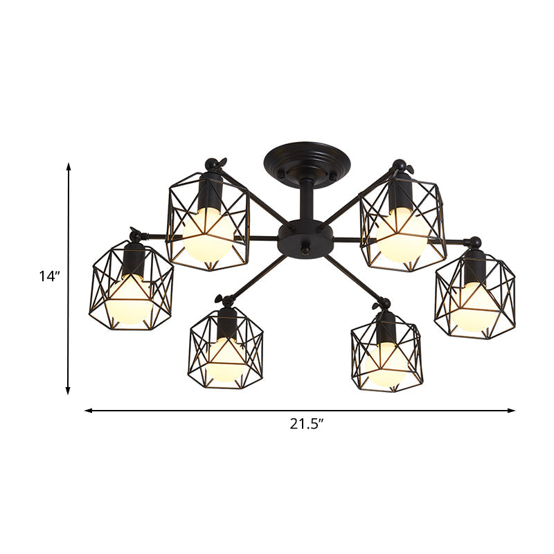 Retro Style Black Metal Semi Flush Pendant Light with Global Cage Shade for Living Room - 6/8 Lights Spider Semi Flush Light