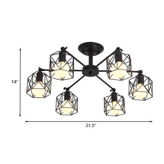 Retro Style Black Metal Semi Flush Pendant Light with Global Cage Shade for Living Room - 6/8 Lights Spider Semi Flush Light