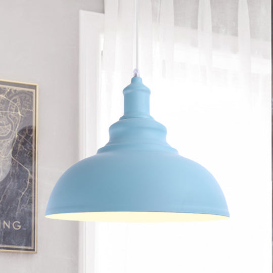 Stylish Pink/Yellow Metal Pendant Lamp - Industrial Bulb Bowl Hanging Fixture For Living Room Blue