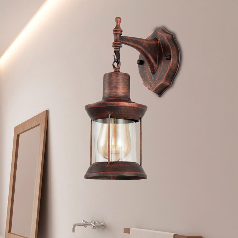 Antique Copper Glass Wall Mounted Lantern - Industrial Single Bulb Sconce Light For Bathroom