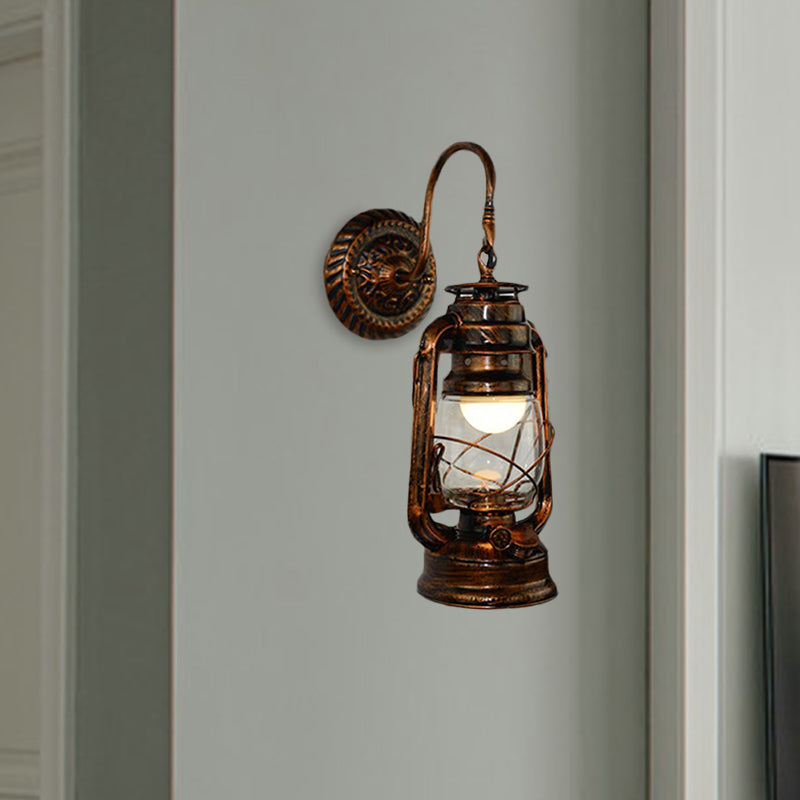 Rustic Bronze Kerosene Wall Mounted Light Fixture With Clear Glass - Perfect For Corridor Lighting