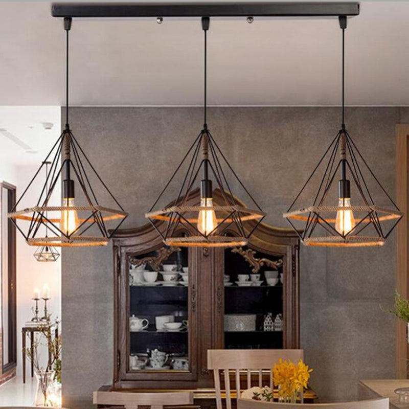 Stylish Diamond Cage Pendant Lamp - 3-Light Metal And Rope Hanging Fixture With Black Round/Linear