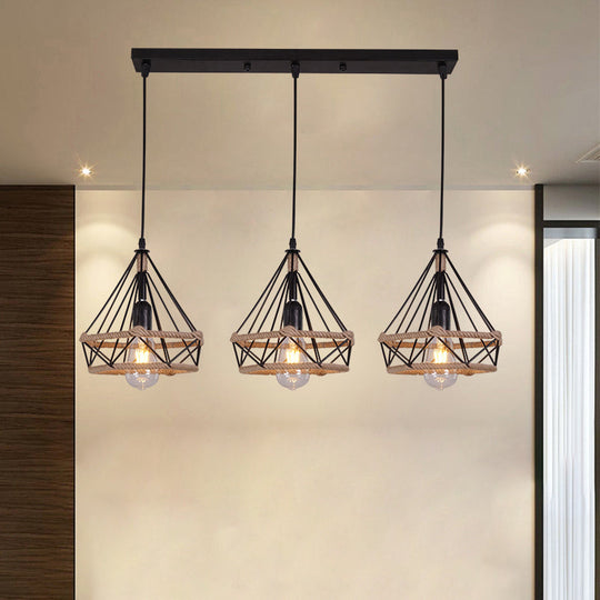 Diamond Cage Pendant Lamp - Industrial Stylish, 3 Lights, Metal and Rope, Black