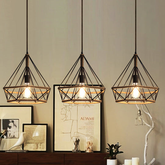 Diamond Cage Pendant Lamp - Industrial Stylish, 3 Lights, Metal and Rope, Black