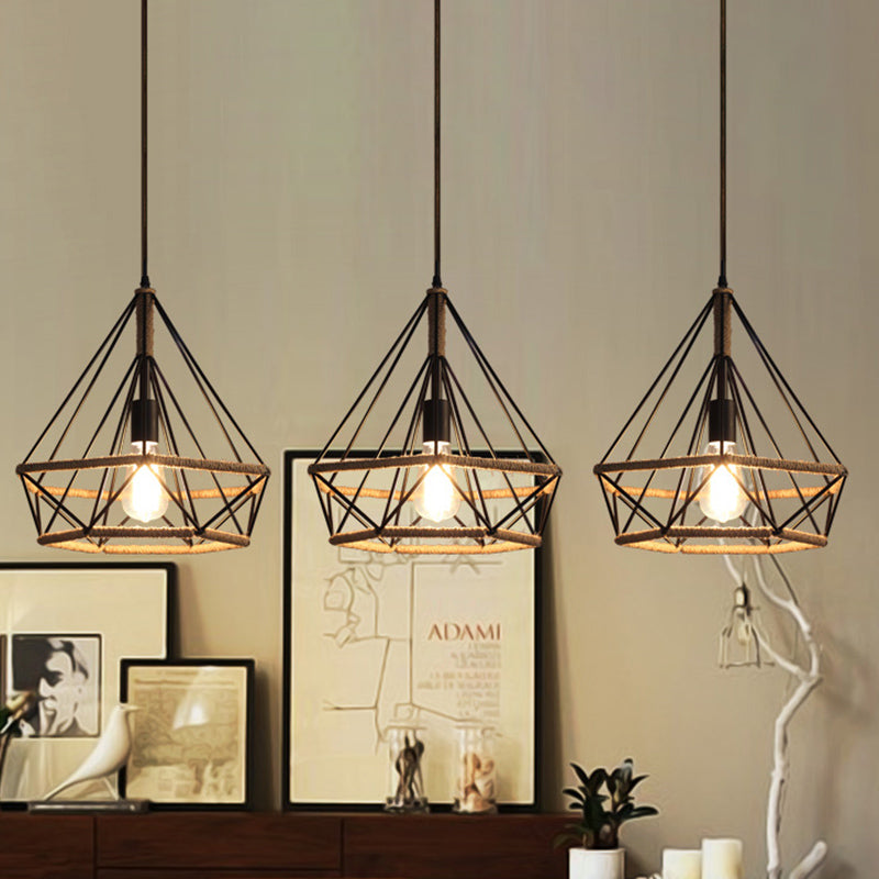 Stylish Diamond Cage Pendant Lamp - 3-Light Metal And Rope Hanging Fixture With Black Round/Linear