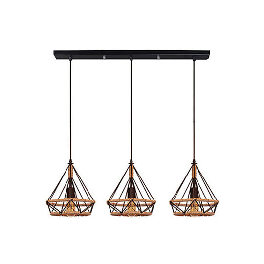 Diamond Cage Pendant Lamp - Industrial Stylish, 3 Lights, Metal and Rope, Black