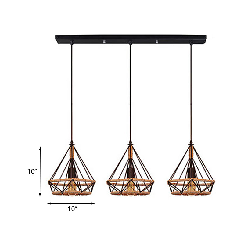 Diamond Cage Pendant Lamp - Industrial Stylish, 3 Lights, Metal and Rope, Black