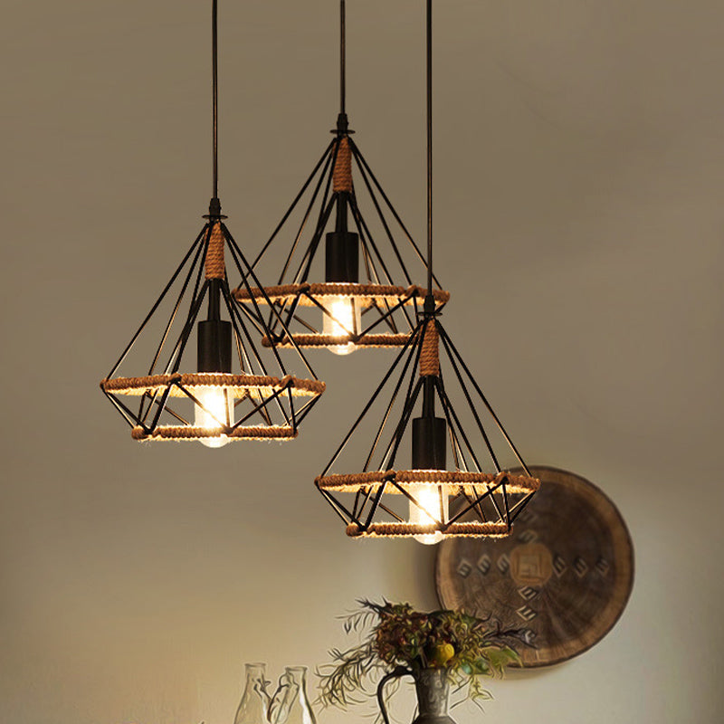 Diamond Cage Pendant Lamp - Industrial Stylish, 3 Lights, Metal and Rope, Black