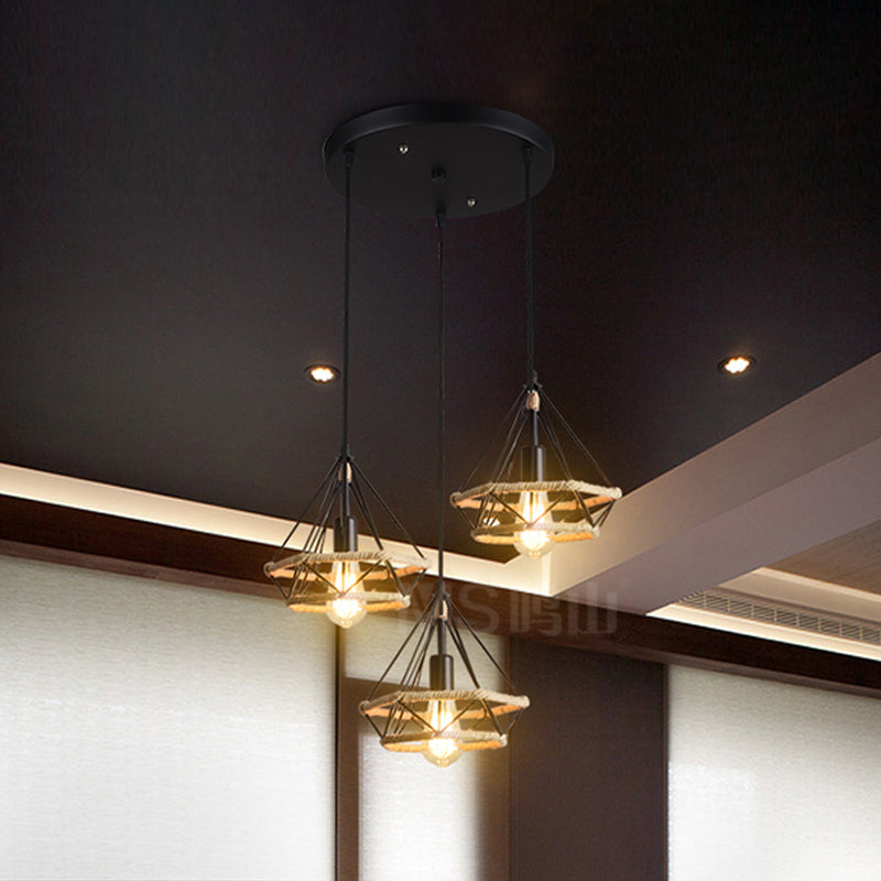 Stylish Diamond Cage Pendant Lamp - 3-Light Metal And Rope Hanging Fixture With Black Round/Linear