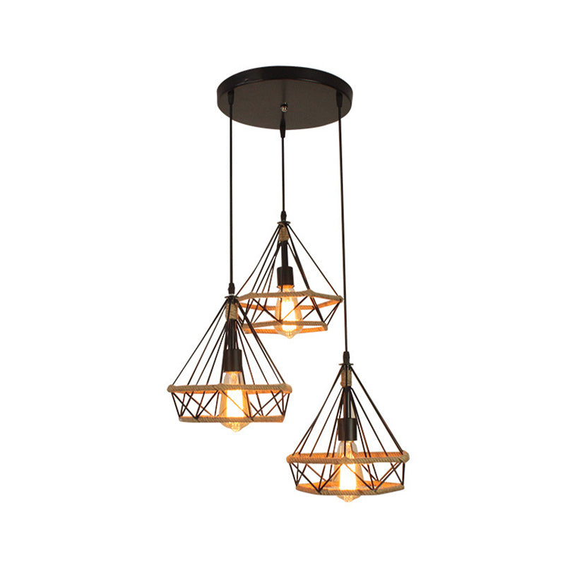 Diamond Cage Pendant Lamp - Industrial Stylish, 3 Lights, Metal and Rope, Black