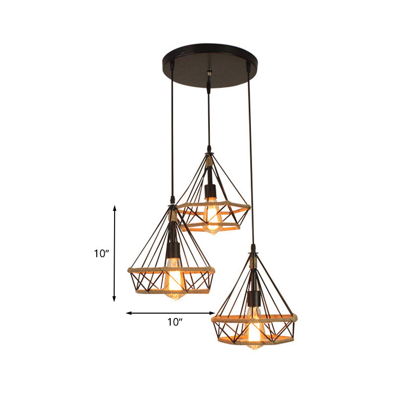 Diamond Cage Pendant Lamp - Industrial Stylish, 3 Lights, Metal and Rope, Black