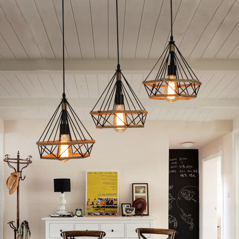 Diamond Cage Pendant Lamp - Industrial Stylish, 3 Lights, Metal and Rope, Black