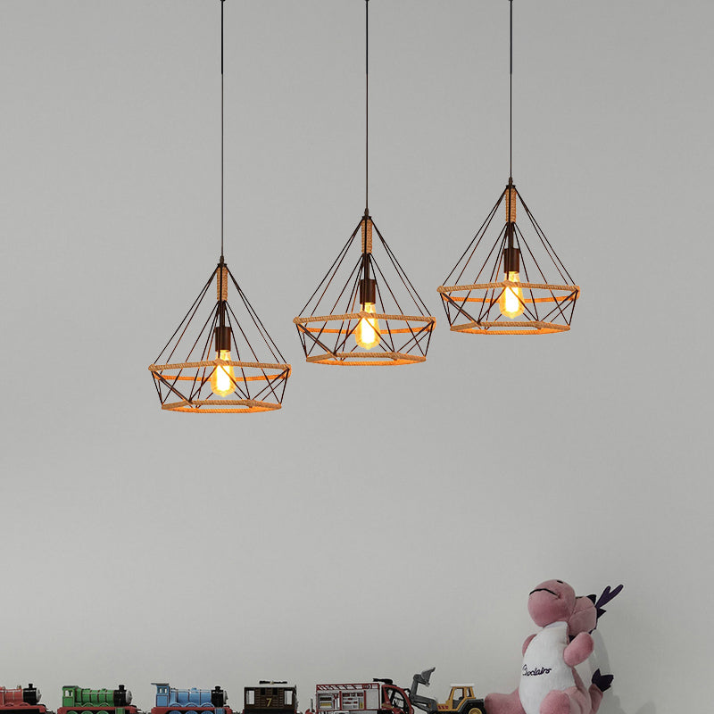 Diamond Cage Pendant Lamp - Industrial Stylish, 3 Lights, Metal and Rope, Black