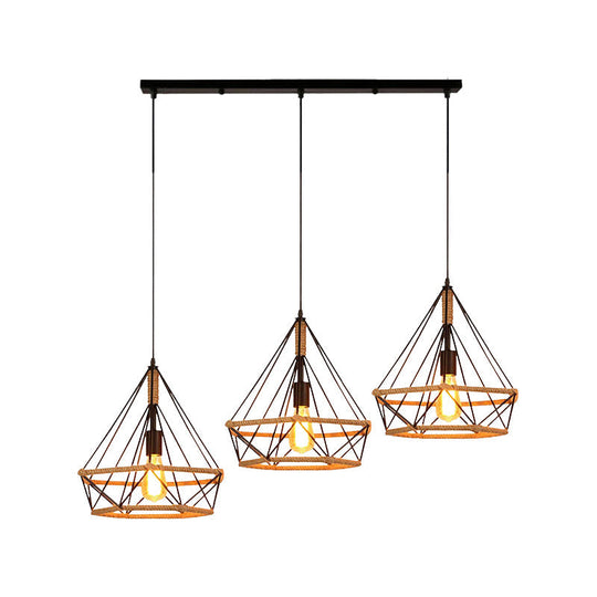 Diamond Cage Pendant Lamp - Industrial Stylish, 3 Lights, Metal and Rope, Black