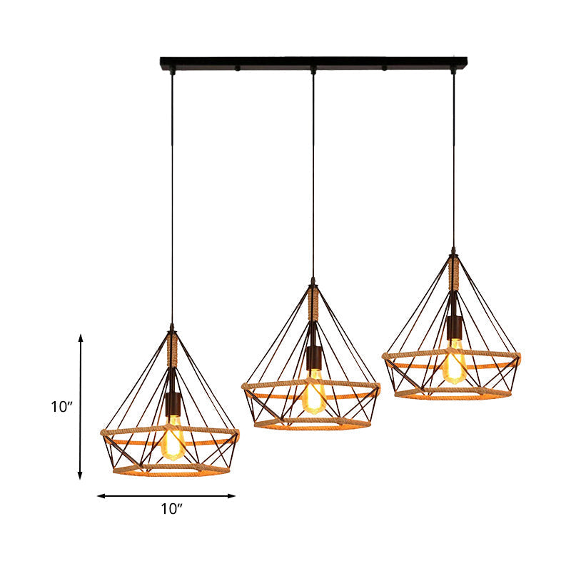 Diamond Cage Pendant Lamp - Industrial Stylish, 3 Lights, Metal and Rope, Black