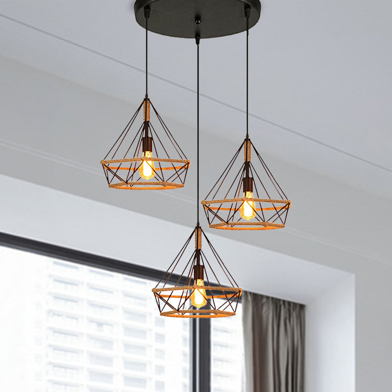 Diamond Cage Pendant Lamp - Industrial Stylish, 3 Lights, Metal and Rope, Black