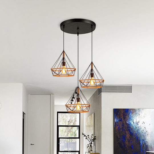 Diamond Cage Pendant Lamp - Industrial Stylish, 3 Lights, Metal and Rope, Black