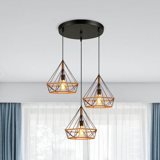 Stylish Diamond Cage Pendant Lamp - 3-Light Metal And Rope Hanging Fixture With Black Round/Linear