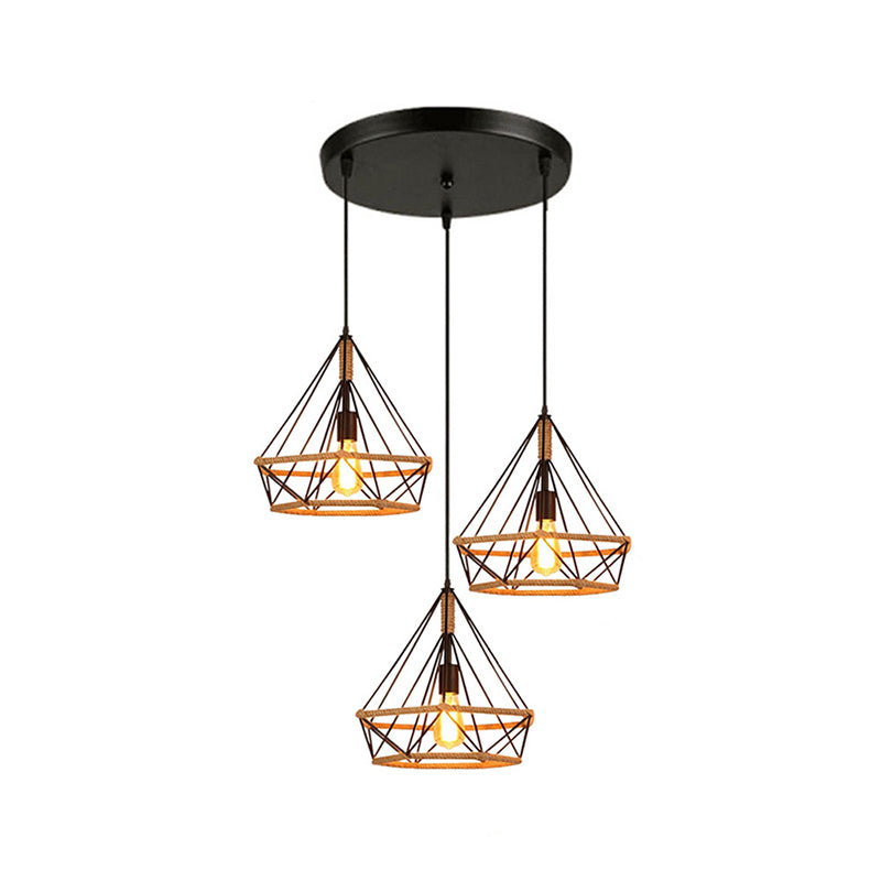 Diamond Cage Pendant Lamp - Industrial Stylish, 3 Lights, Metal and Rope, Black