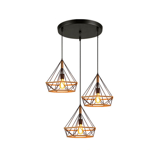 Stylish Diamond Cage Pendant Lamp - 3-Light Metal And Rope Hanging Fixture With Black Round/Linear