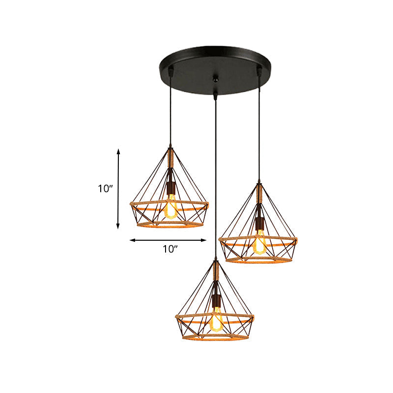 Diamond Cage Pendant Lamp - Industrial Stylish, 3 Lights, Metal and Rope, Black