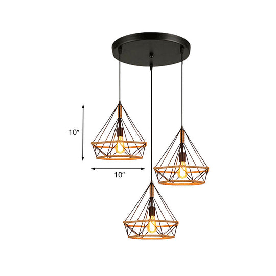 Diamond Cage Pendant Lamp - Industrial Stylish, 3 Lights, Metal and Rope, Black