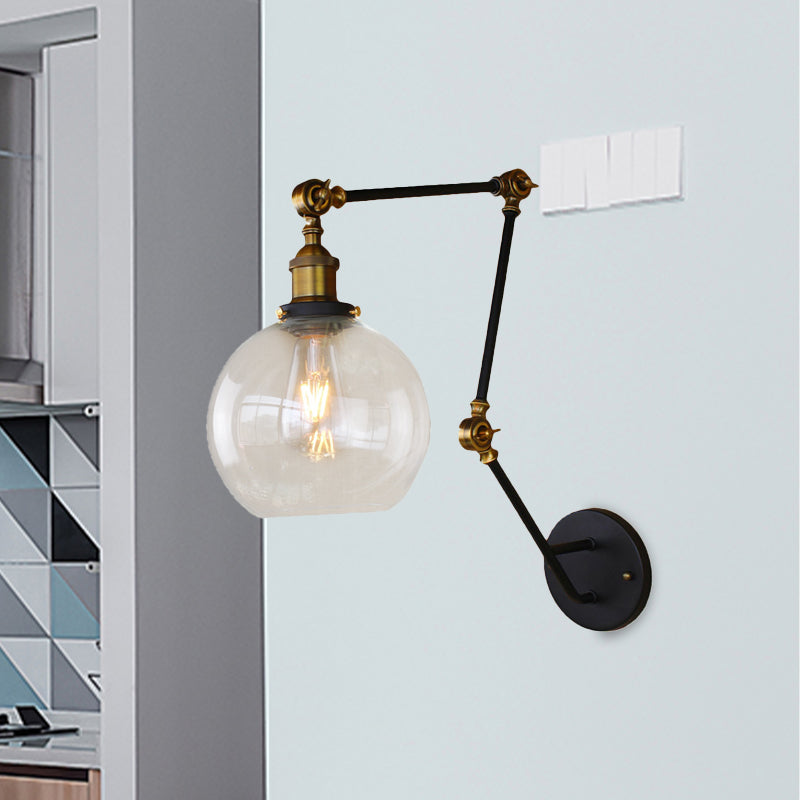 Industrial Style Swing Arm Wall Lamp With 1-Light Clear Glass Brass Sconce