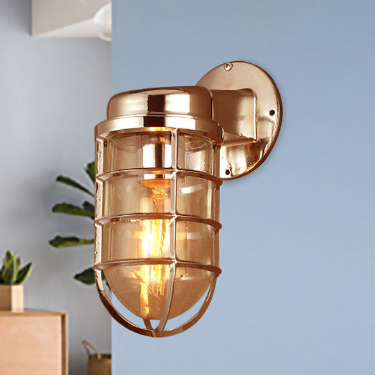 Coastal Caged Wall Lighting Fixture - Clear Glass Sconce Light For Kitchen Brass/Copper/Chrome