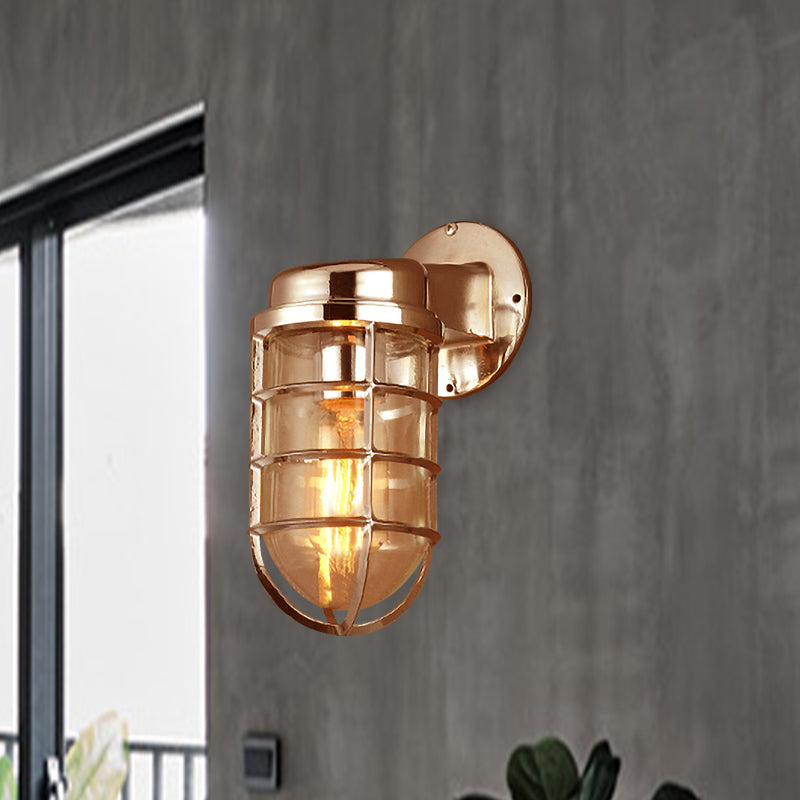 Coastal Caged Wall Lighting Fixture - Clear Glass Sconce Light For Kitchen Brass/Copper/Chrome