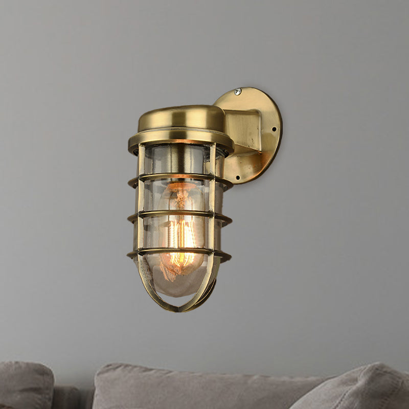 Coastal Caged Wall Lighting Fixture - Clear Glass Sconce Light For Kitchen Brass/Copper/Chrome