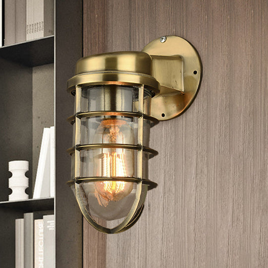 Coastal Caged Wall Lighting Fixture - Clear Glass Sconce Light For Kitchen Brass/Copper/Chrome