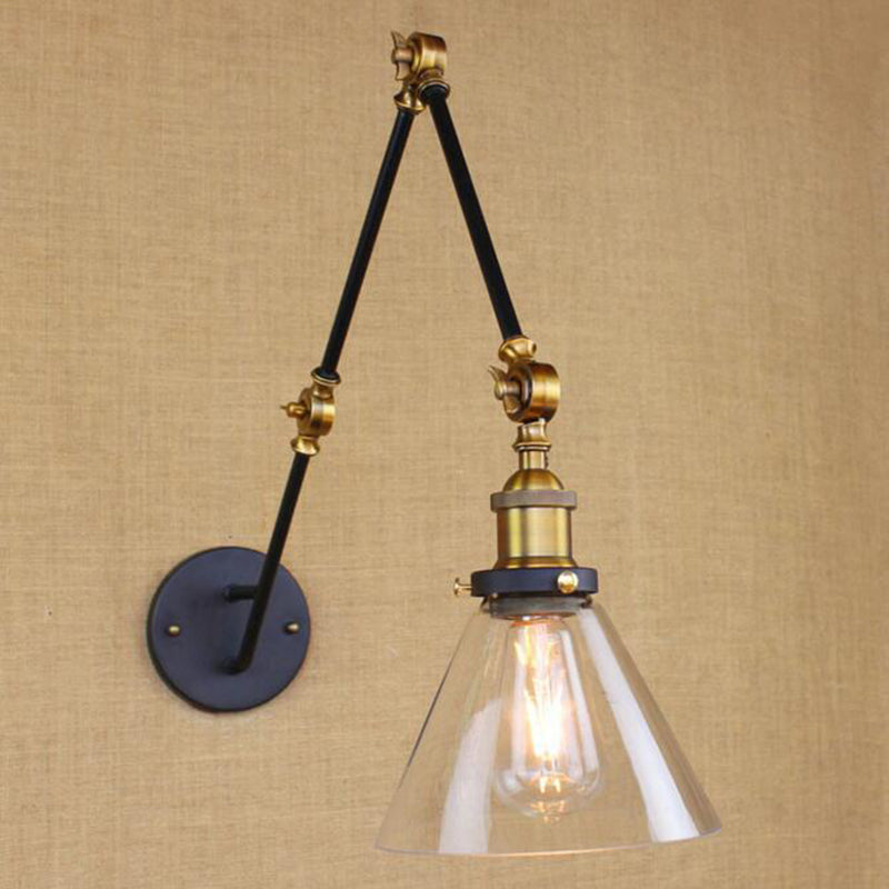 Vintage Brass Wall Sconce Extendable Arm Clear Glass Shade 1-Bulb Light Fixture