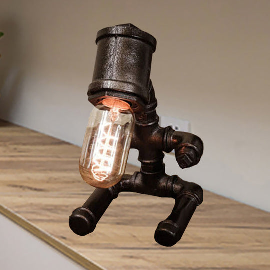 Rustic Style Metallic Robot Table Lamp With Bare Bulb - 1-Light Black/Aged Bronze Finish