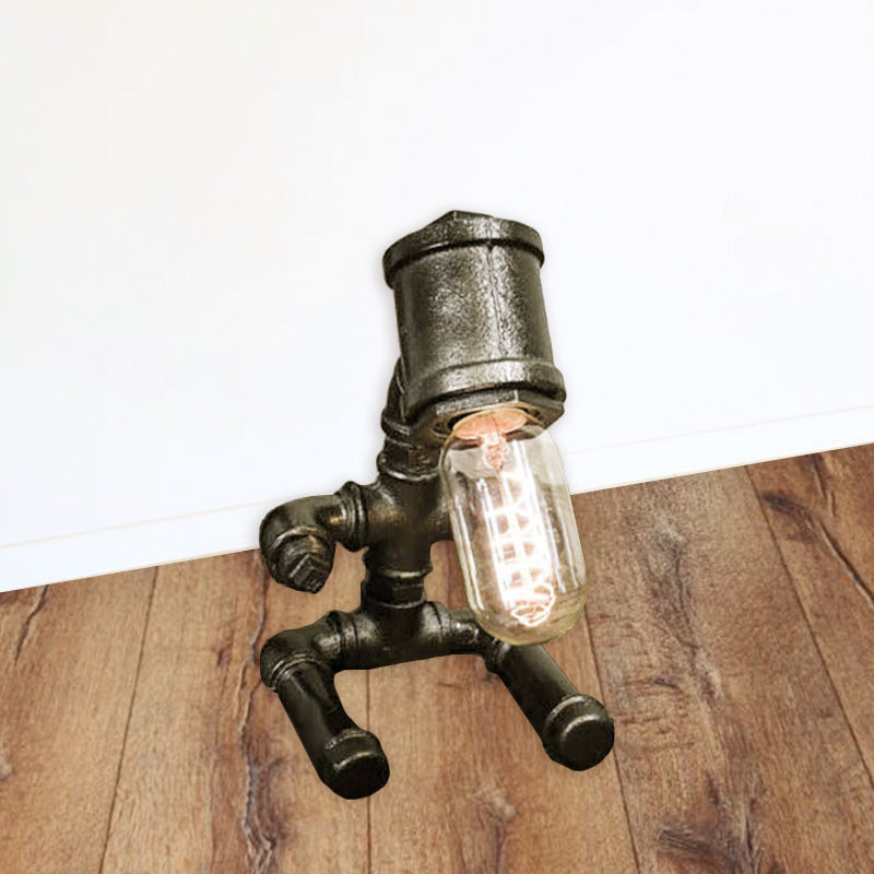 Rustic Style Metallic Robot Table Lamp With Bare Bulb - 1-Light Black/Aged Bronze Finish