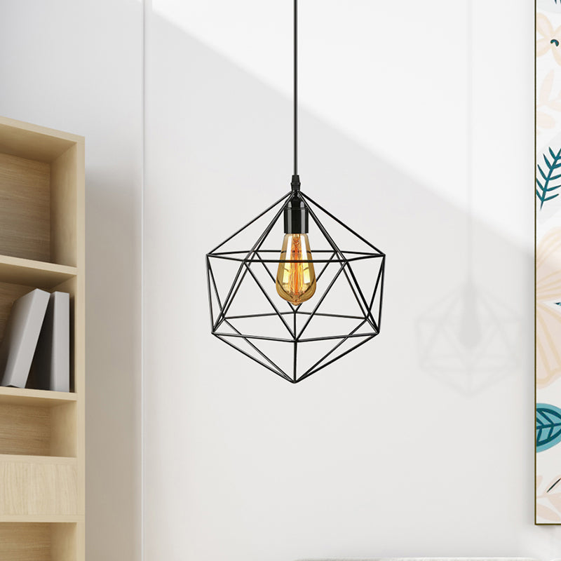 Geometric Metal Pendant Light - Industrial Living Room Hanging Light in Black/White - 3 Sizes Available