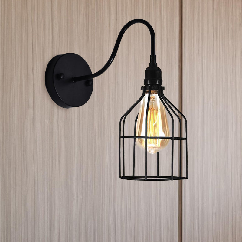 Rustic Metal Birdcage Coffee Shop Wall Sconce Black Light With Gooseneck Arm - Industrial Lighting