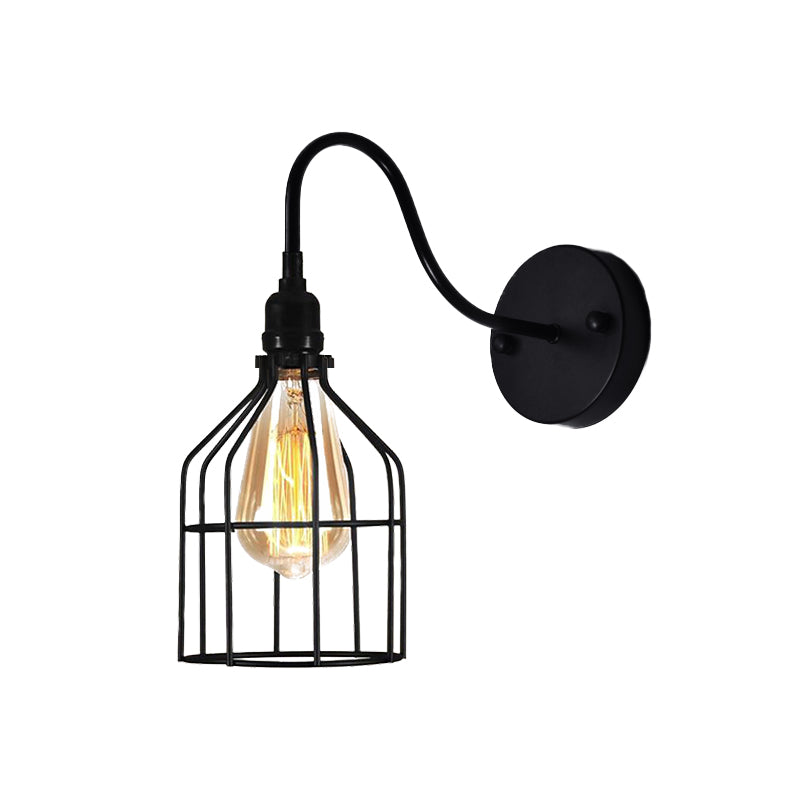 Rustic Metal Birdcage Coffee Shop Wall Sconce Black Light With Gooseneck Arm - Industrial Lighting