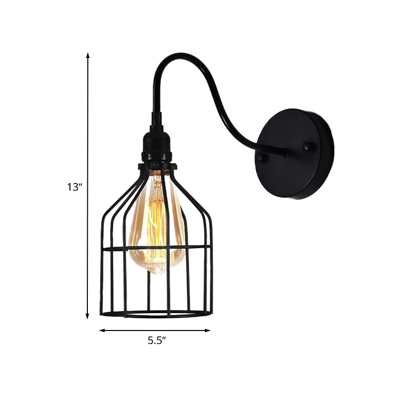 Rustic Metal Birdcage Coffee Shop Wall Sconce Black Light With Gooseneck Arm - Industrial Lighting