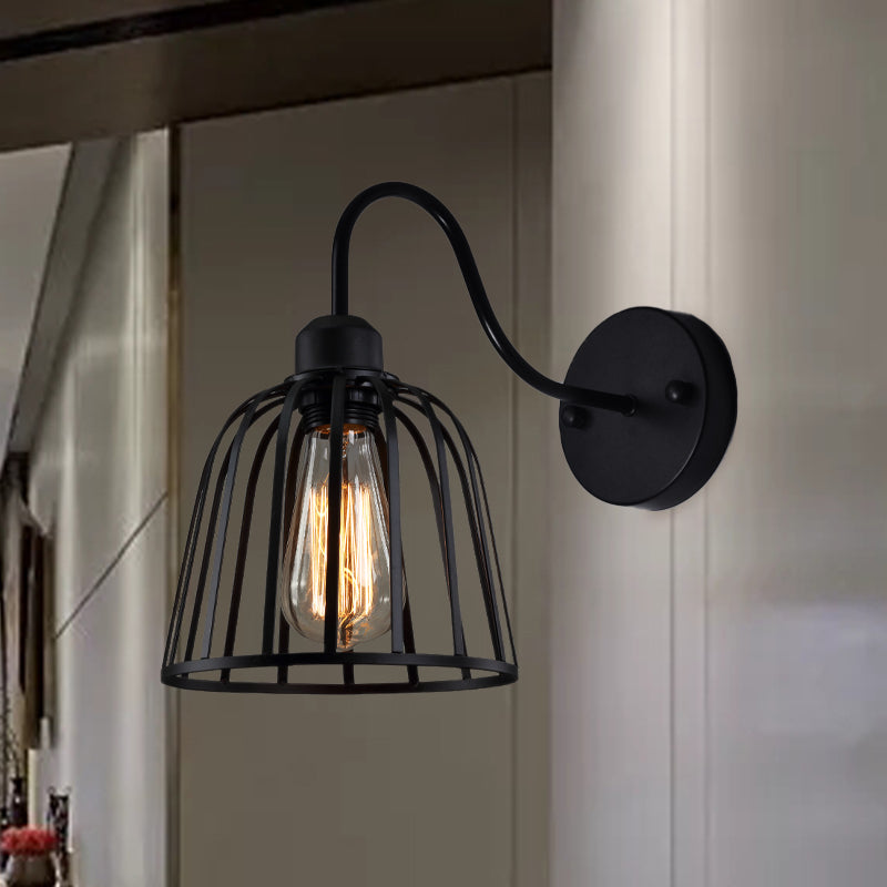 Industrial Black Wall Lamp With Gooseneck Arm And Metallic Cage - Perfect Bedside Mount Light