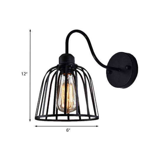 Industrial Black Wall Lamp With Gooseneck Arm And Metallic Cage - Perfect Bedside Mount Light