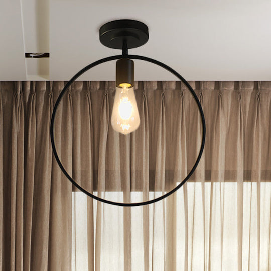 Sleek Black Metal Ring Shaped Flush Mount Ceiling Light - Ideal for Bedroom and Industrial Lofts