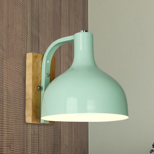 Contemporary Dome Shade Metal Wall Light With Wooden Backplate In White/Pink Green