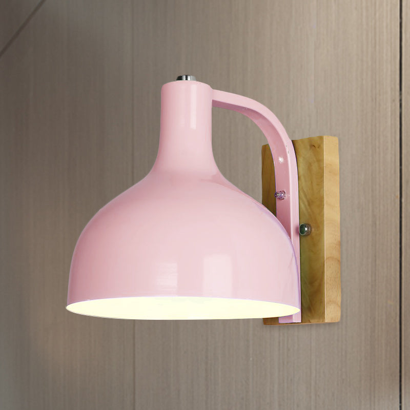 Contemporary Dome Shade Metal Wall Light With Wooden Backplate In White/Pink