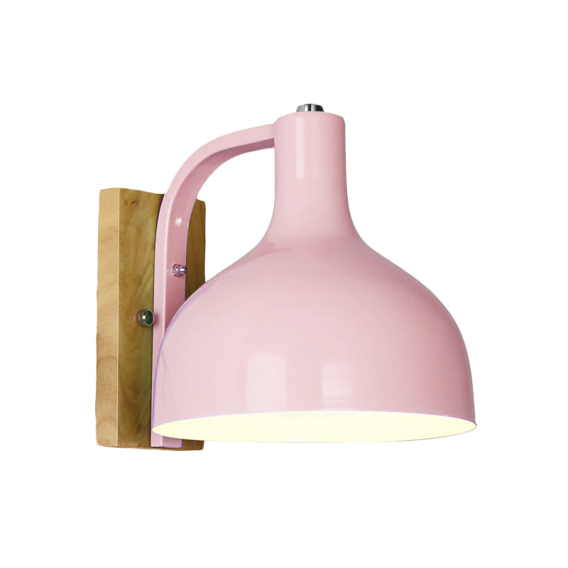 Contemporary Dome Shade Metal Wall Light With Wooden Backplate In White/Pink