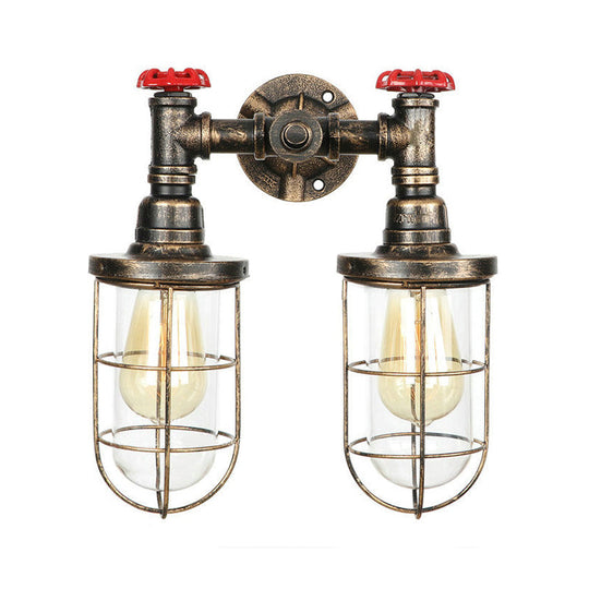 Farmhouse Wire Guard Wall Lamp - Vintage Brass Wrought Iron Sconce With Valve Wheel Design 2 Bulbs