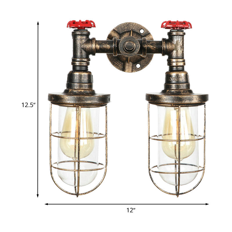 Farmhouse Wire Guard Wall Lamp - Vintage Brass Wrought Iron Sconce With Valve Wheel Design 2 Bulbs