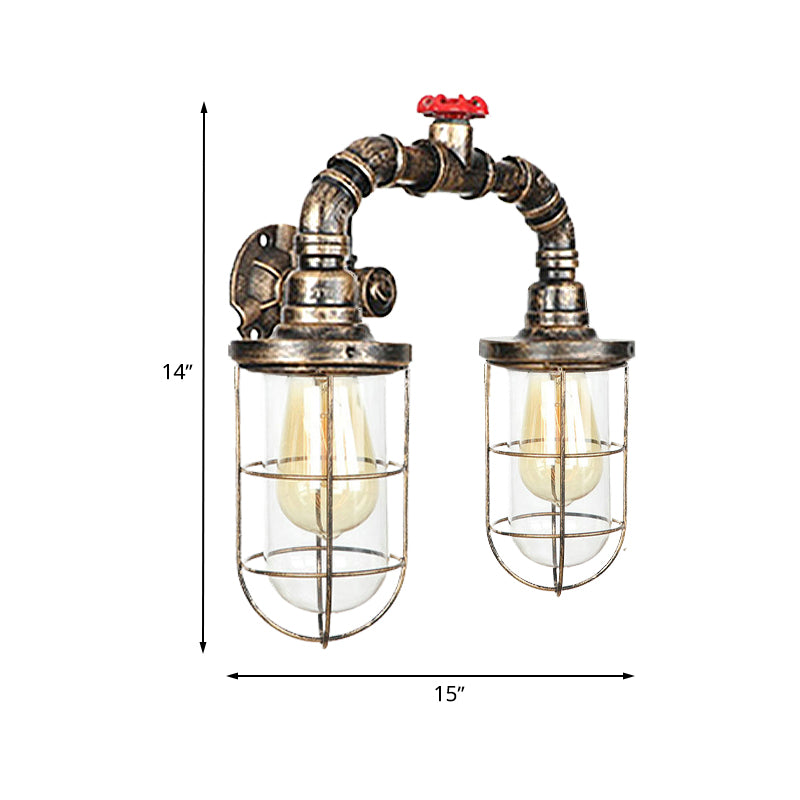 Farmhouse Wire Guard Wall Lamp - Vintage Brass Wrought Iron Sconce With Valve Wheel Design 2 Bulbs